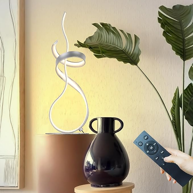 24W Modern 3Color Table Lamp with LED Spiral Design, 22“ Tall Silver Bedside Light & Nightstand Lamp, Touch Dimmable with 3 Colors & Remote Control for Bedroom, Living Room, Home Office (Silver)