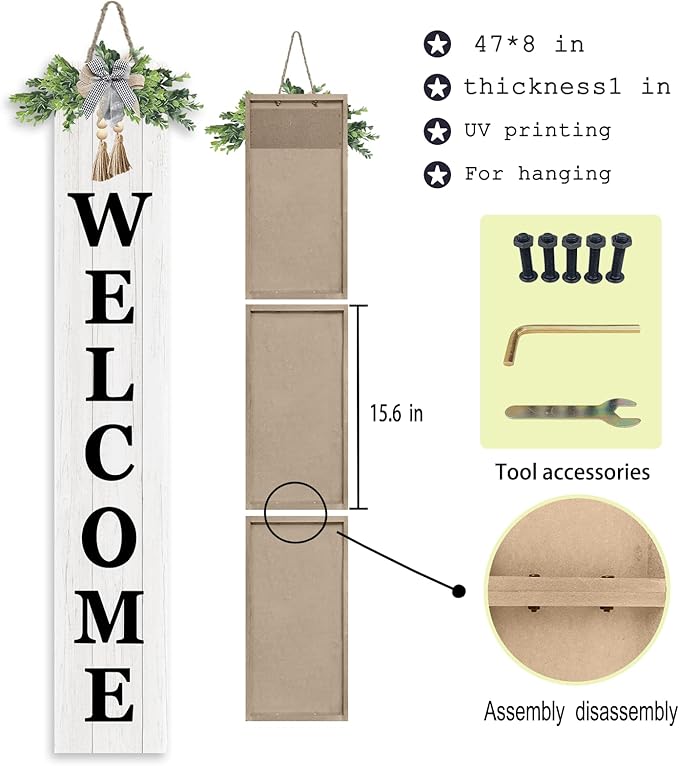 Outdoor Welcome Sign for Front Door Standing 47"X8" Large Farmhouse Wood Framed Tall Leaner Vertical Decor Rustic Home Outside Welcome Sign for Front Porch Decoration (White)