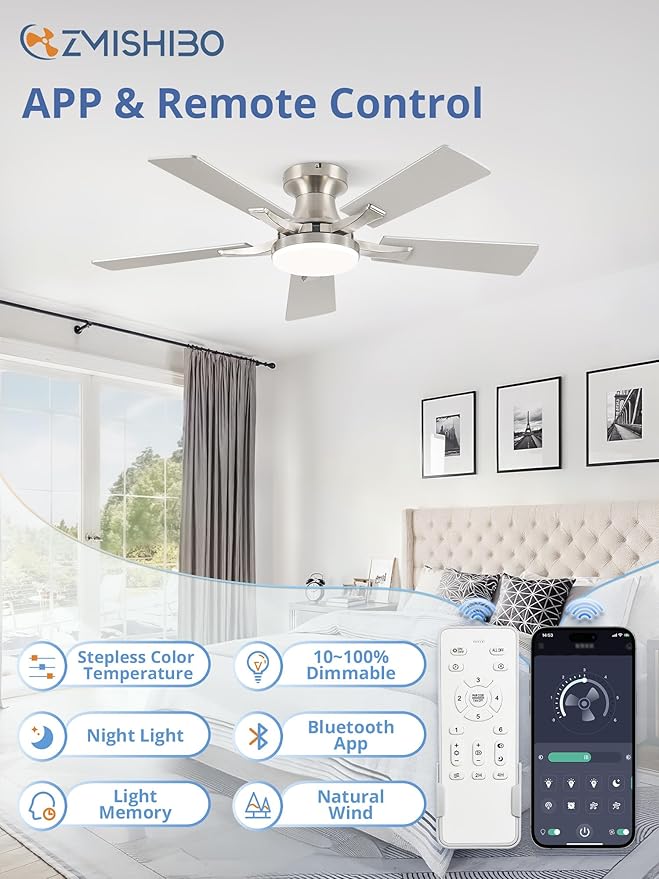 ZMISHIBO 42 Inch Ceiling Fan with Light, App&Remote Control, Flush Mount Low Profile, Dimmable 20W LED Light, Quiet Reversible Motor for Bedroom, Living Room, Apartment, Nickel
