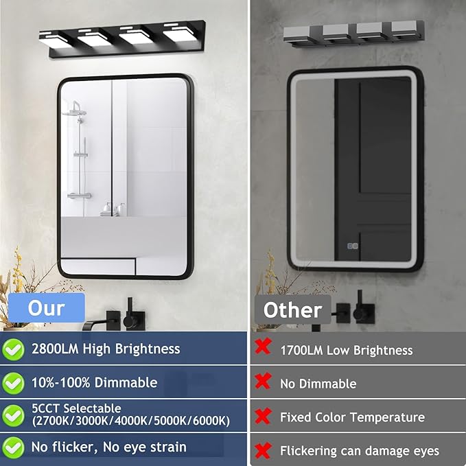 LED Modern Bathroom Vanity Light Fixtures 4-Light 5CCT Dimmable Matte Black Vanity Lights for Bathroom Lighting Fixtures Over Mirror, with 350° Rotatable Acrylic Heads, 28-inch