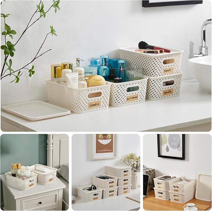 Small Plastic Twill Woven Storage Baskets with Lids, Stackable Organizing Containers with Labels for Pantry Closet Office, 6-Pack,10.35"x7.3"x4.09", White