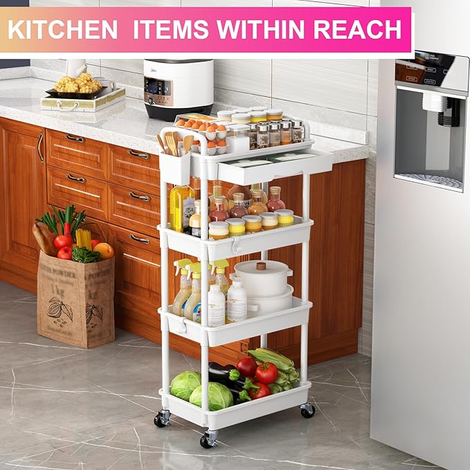 Goovilla 4 Tier Rolling Utility Cart Organizer with Removable Drawer, Stable and Sturdy White Rolling Storage Carts with 2 Lockable Wheels for Bathroom, Kitchen, Snack, Craft, Makeup, Baby Essentials