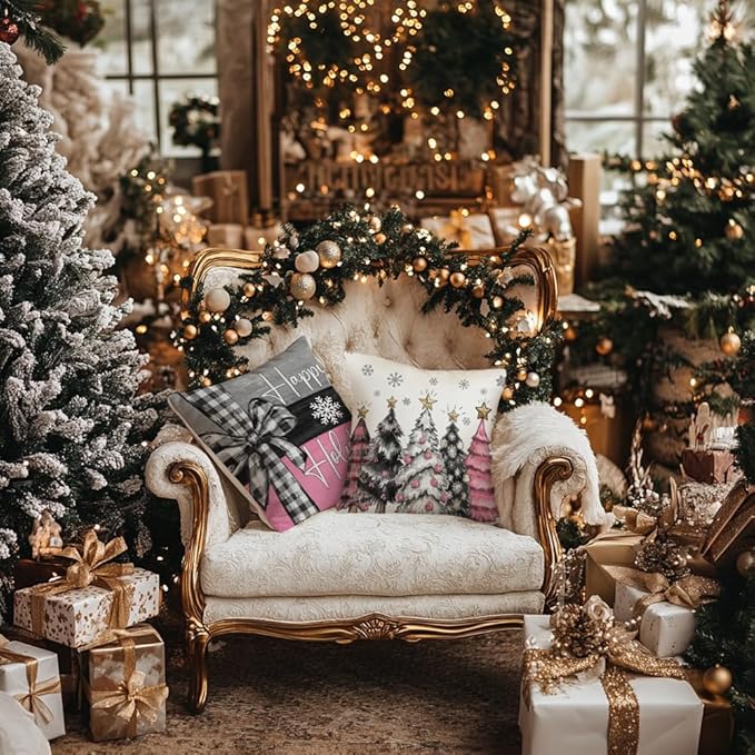 GEEORY Christmas Throw Pillow Covers 16 x 16 Inch Set of 4, Xmas Trees Merry and Bright Happy Holidays Farmhouse Decorative Cushion Cases for Home Decoration G596-16