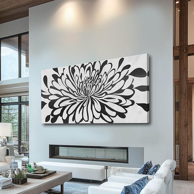 Modern Large Framed Artwork Black Line Art Flowers Painting on Canvas Office Home Wall Decor White Pictures 29x58 Inch Neutral Wall Art