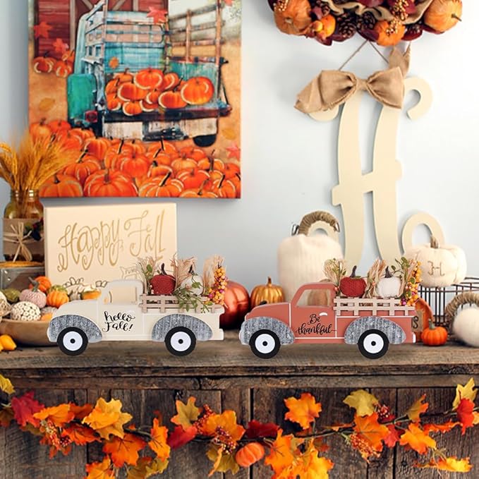 NEEDOMO Fall Decorations for Home, Large Size 2 Pack Wood Truck with Pumpkin Fall Decor, Decorative Wooden Truck Set for Room, Table, Tiered Tray, Mantel, Thanksgiving Decorations