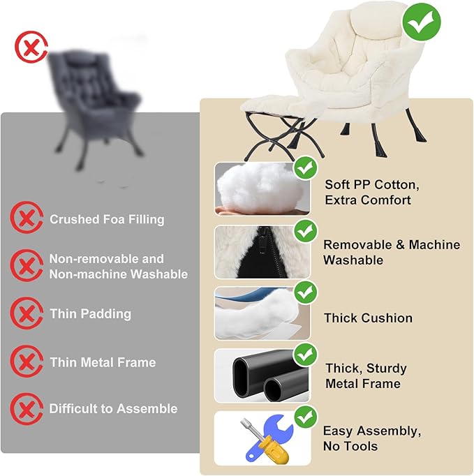 Lazy Chair with Ottoman, Modern Chair with Folding Footrest, Lounge Accent Chair, Comfortable Reading Chair for Bedroom, Study, Living Room, Courtyard (Plush Beige)