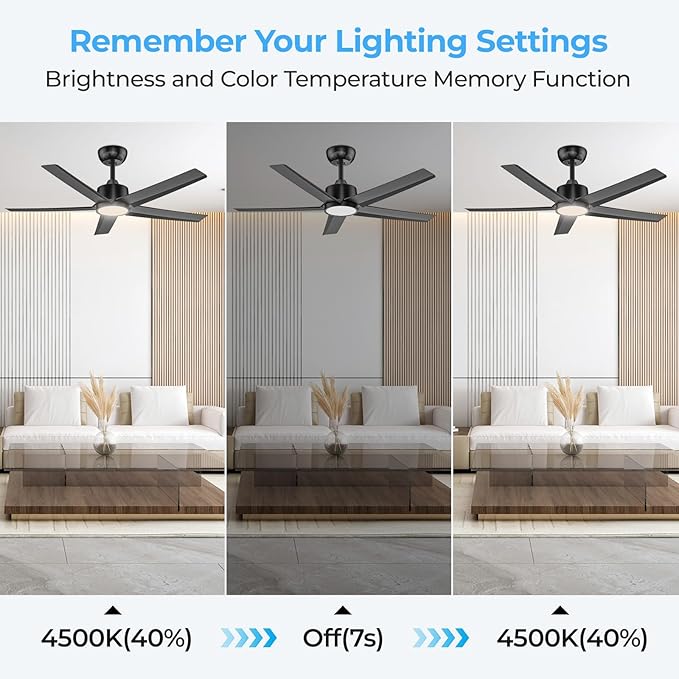 ocioc 44 Inch Ceiling Fans with Lights and Remote,Quiet DC Motor, Dimmable, 3CCT, 6 Speeds,Reversible, Black Modern Ceiling Fan for Bedroom, Living Room,Dining Room