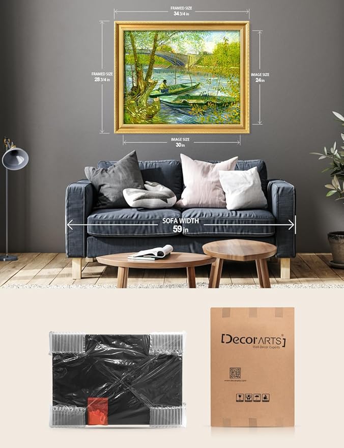 DECORARTS - Vincent van Gogh's Fishermen and Boats from the Pont de Clichy, Museum-Quality Giclee Canvas Print in Gold Solid Wood Frame, 34.75 x 28.75 in, Ready to Hang, Made in USA