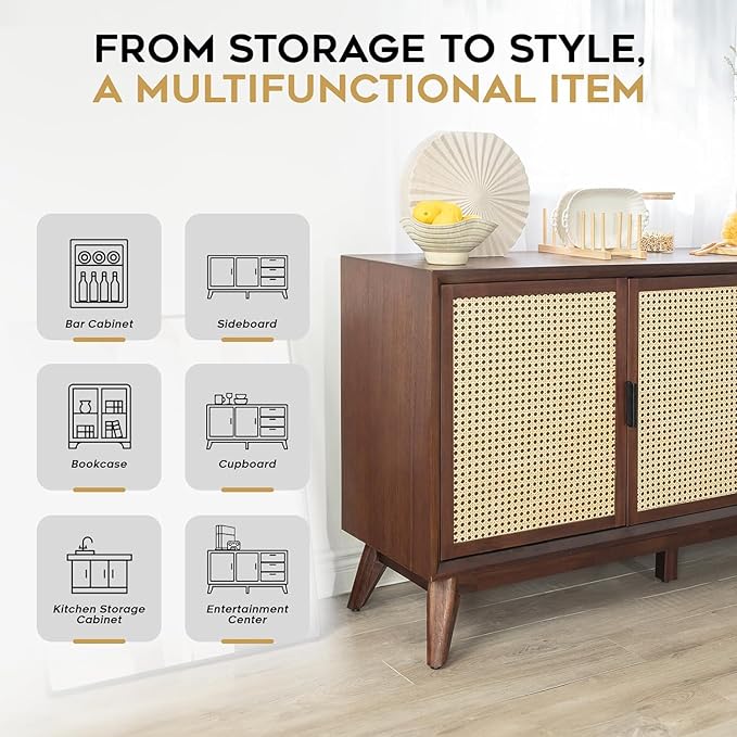 Bme Rattan Pre-Assembled Buffet Sideboard with 3 Drawers & 2 Doors, 58" Accent Console Table Living Room, Kitchen, Dining, Walnut, Jasper Storage Cabinet