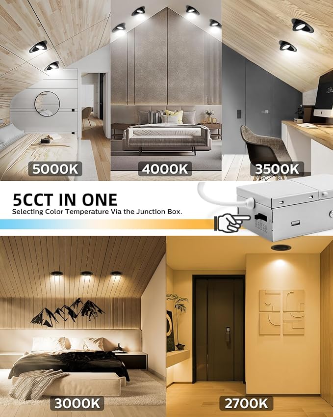 Adetu 4 inch 5CCT Gimbal Black Led Recessed Lights, 360°+90° Adjustable Directional Recessed Lighting, 2700K/3000K/3500K/4000K/5000K Dimmable Retrofit Eyeball Can Lights with Jbox, ETL(Black, 6 Pack)