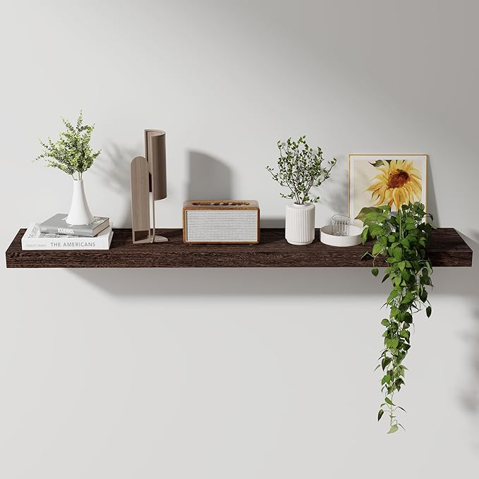 Axeman Floating Shelves, 8 Inch Deep Rustic Solid Wood Wall Shelves for Storage, Wall Mounted Display Shelving with Invisible Heavy-Duty Metal Bracket, 48" W x 8" D x 1.6" H, Rustic Brown