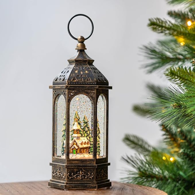 Christmas Snow Globe Lantern Lighted Holiday Village Church with Music& Timer, USB Lined/Battery Operated Lighted Lantern for Christmas Festival Decoration Gifts