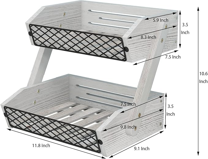 Dorhors Fruit Basket for Kitchen, 2 Tier Fruit Bowl,Kitchen Counter Organizer,Wooden Vegetable Holder for Countertop,Bread Storage Basket Stand (Rustic White)