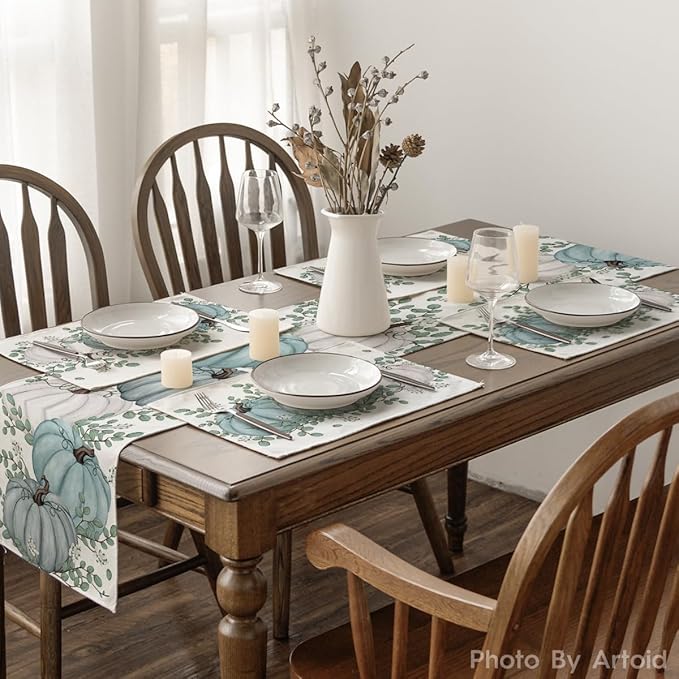 Artoid Mode Pumpkins Eucalyptus Leaves Fall Placemats Set of 6, 12x18 Inch Autumn Thanksgiving Holiday Table Mats for Party Kitchen Dining Decoration