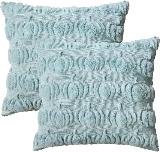 AVOIN colorlife Fall Pumpkin Blue Throw Pillow Covers, 18 x 18 Inch Seasonal Autumn Thanksgiving Harvest Decoration Soft Plush Faux Fur Jacquard Cushion Case Decoration for Sofa Couch Set of 2