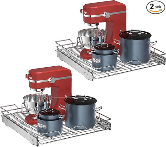 OCG Pull Out Cabinet Organizer 2 Pack (21" W x 21" D), Pull out Shelves 1 Tier, Cabinet Slide Out Shelves for Base Cabinet Organization in Kitchen Bathroom Pantry, Bottom Mount, Chrome Finish