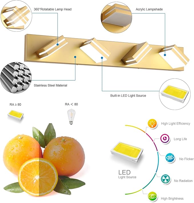 SineRise LED Modern Bathroom Vanity Light Fixtures (4-Light, 30-Inch, Dimmable), Matte Gold Modern Acrylic Bathroom Wall Lighting Fixtures Over Mirror (Cool White 6000K)