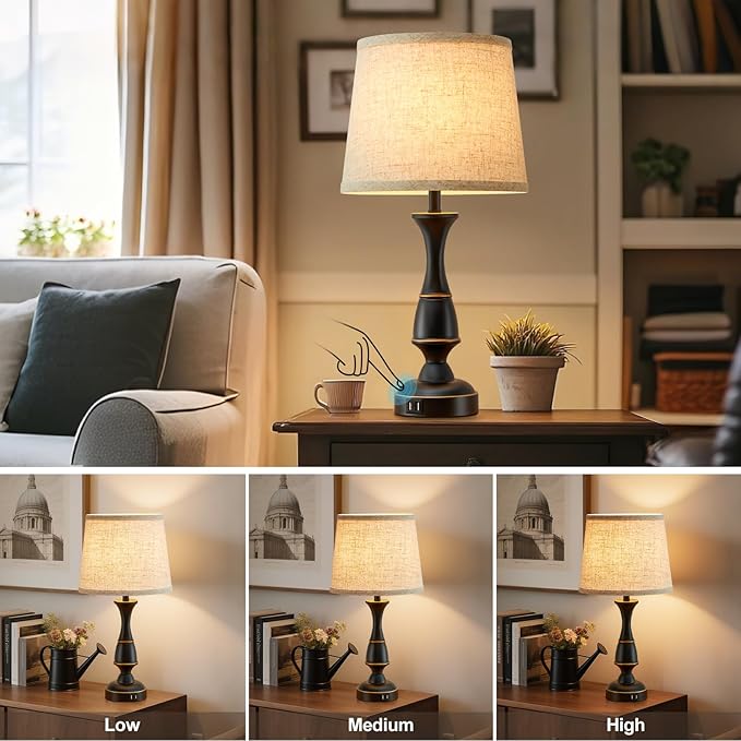 Luvkczc Touch Table Lamps Set of 2, 22" Tall Bedside Lamps with Dual USB A Ports, 3 Way Dimmable Nightstand Lamps for Bedroom, Living Room, Office, Black Lamps with Beige Lampshade, Bulb Included