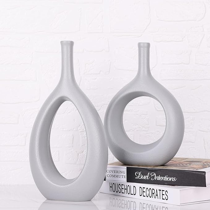 Gray Ceramic Hollow Elliptical Vase Set of 2 - Boho Circle Vase with Hole, for Modern Grey Table Decor, Living Room Decor Shelf mid Century Modern Home Entrance Decorative vase