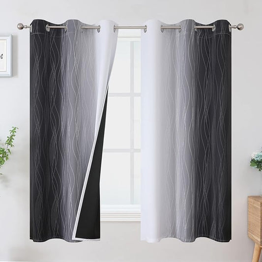 Estelar Textiler Ombre Greyish White and Black Blackout Curtains & Drapes 63 Inch Length 2 Panels for Bedroom, Thermal Insulated Full Light Blocking Grommet Blackout Drapes for Kids Room, 42Wx63L