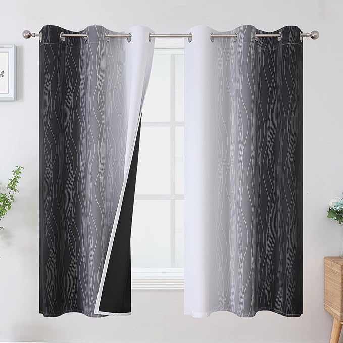 Estelar Textiler Ombre Greyish White and Black Blackout Curtains & Drapes 63 Inch Length 2 Panels for Bedroom, Thermal Insulated Full Light Blocking Grommet Blackout Drapes for Kids Room, 42Wx63L