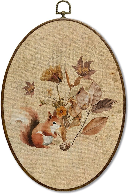 JQF Vintage Fall Squirrel Oval Wall Art, Farmhouse Autumn Floral Squirrel Oval Canvas Wall Art, Retro Rustic Fall Animal Framed Prints Hanging Decor for Home Bedroom Living Room, 8.5x11.5 Inch