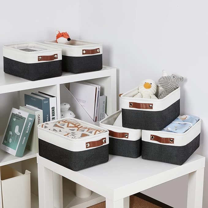 DULLEMELO Small Storage Baskets 6 Pack, Fabric Collapsible Gift Storage Baskets for Shelves, Closets, Nursery, Home, Office Organizing,Small Canvas Linen Rectangular Storage Bins (White&Black)
