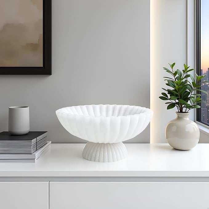 10" Large Decorative Bowl decor, Scalloped Bowls for Modern Home Decor,Ruffle Decor,Stylish Key Bowl for Entry Table,Decorative Fruit Bowl for Kitchen Counter,With base,Artificial Stone White
