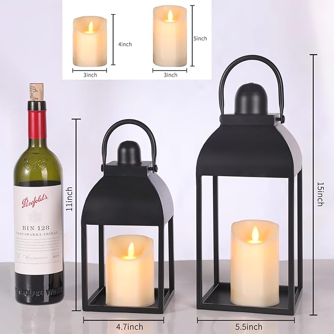 Lanterns Decorative Indoor Outdoor 15" 11" Set of 2 Lantern Decor Black Metal Candle Lanterns with Flameless Candles, Outdoor Lanterns for Porch Patio Wedding Mantle Home Decor