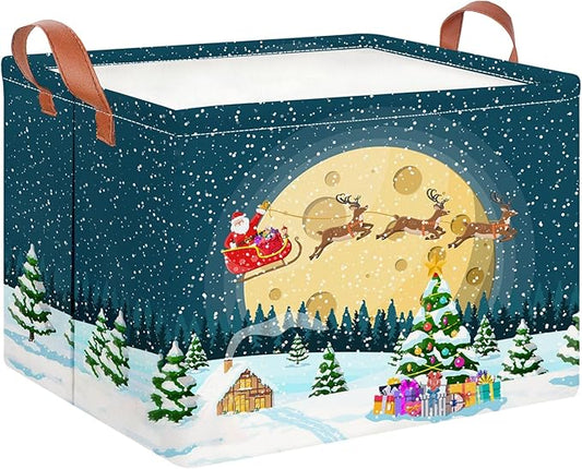 CLOCOR Rectangular Storage Basket Empty,Gift Basket,Waterproof Storage Bin with Handles,Room Decor(Sled Christmas)