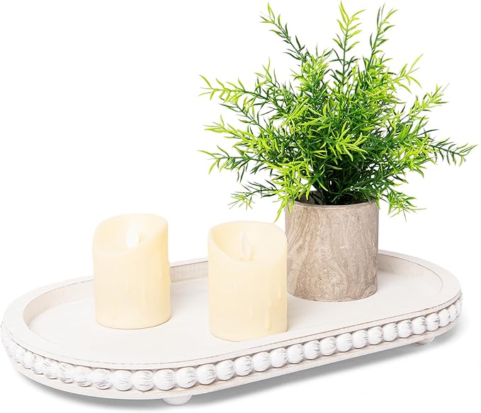 HPC Decor 15in Oval Wooden Tray - White Beaded Serving Tray, Rustic Farmhouse Vintage Centerpiece, Kitchen & Living Room Decor