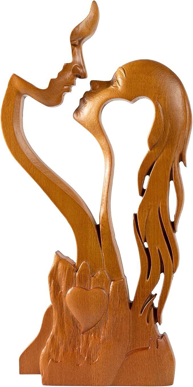 Wooden Kissing Couple Ornament, Abstract Couple Portrait Sculpture Romantic Love Statue Decor Gift for Women Anniversary Valentine Wedding - 10 Inch