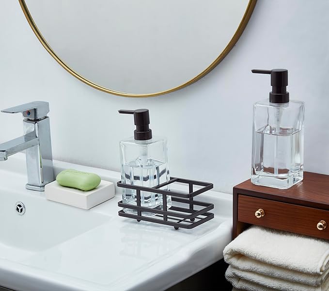Square Glass Clear Lotion and Soap Pump Dispenser Set with Metal Stand Caddy for Bathroom Bath Kitchen Home Office Travel Hotel Hand Crafted Heavy Weight Oil Rubbed Bronze