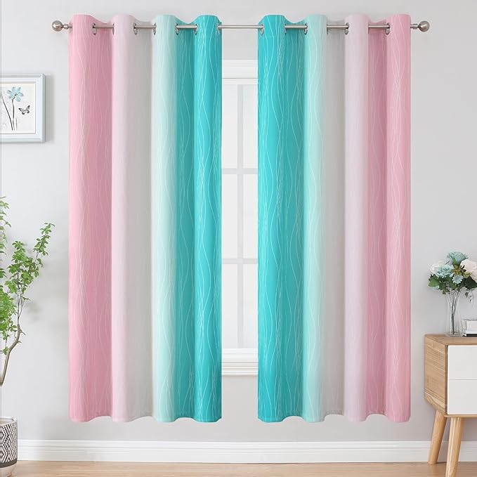 Estelar Textiler Pink and Teal Blackout Curtains for Living Room, Full Room Darkening Grommet Ombre Curtains for Bedroom, Thermal Insulated Light Blocking Gradient Drapes, 52Wx72L, 2 Panels