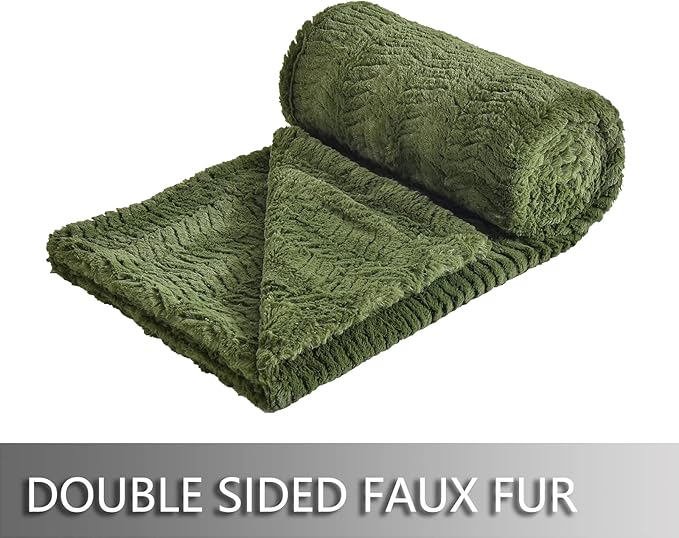 YUSOKI Luxury Faux Fur Twin XL Blanket for Twin XL Bed 2 Layers,5.2lb,All Ages,Home Decoration Without Pillows(Olive Green,63"x90")