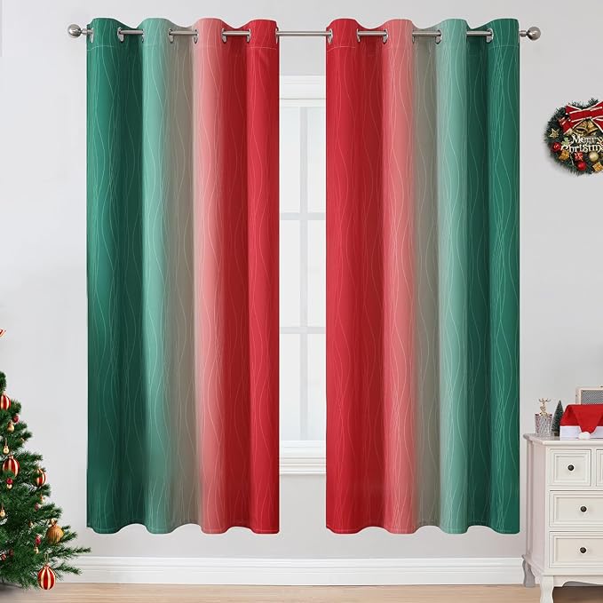 Estelar Textiler Red and Green Blackout Curtains for Living Room, Full Room Darkening Grommet Ombre Christmas Curtains for Bedroom, Thermal Insulated Light Blocking Gradient Drapes, 52Wx72L, 2 Panels