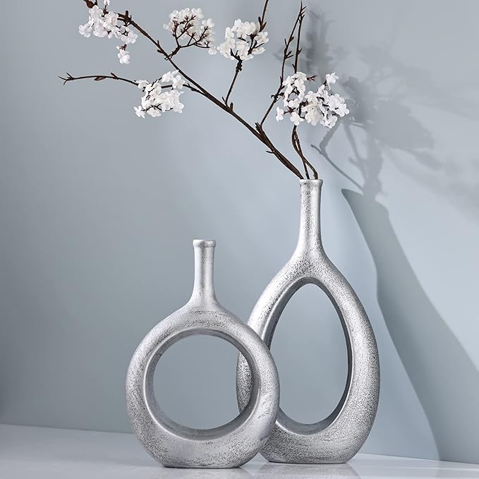 Silver Ceramic Hollow Elliptical Vase Set of 2 - Boho Circle Vase with Hole, for Modern Silver Table Decor, Living Room Decor Shelf mid Century Modern Home Entrance Decorative vase