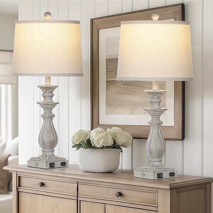 28" Farmhouse Table Lamps for Living Room Set of 2, 3-Way Dimmable Touch Bedside Lamps with USB C+A Ports & AC Outlet, Resin Vintage Tall Nightstand Lamps for Bedroom Office End Table, Grey