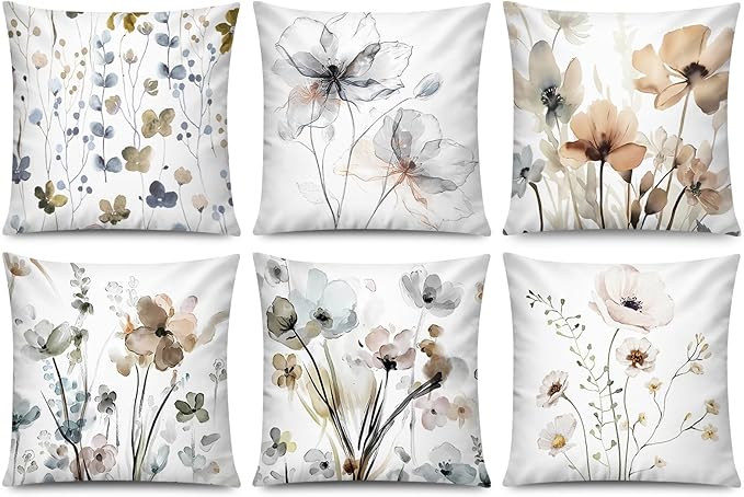 COMMINY Brown Grey Floral Pillow Cover 18x18 Set of 6 Watercolor Throw Pillow Covers Square Cushion Covers for Couch Sofa Living Room Home Decor