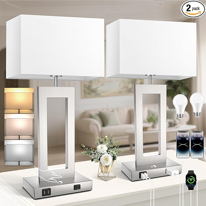 3 Way Dimmable Table Lamps for Bedrooms Set of 2, 27.2ββ Tall Modern Silver Lamps for Living Room Nightstand, Touch Control Bedside Lamps with 2 USB Ports&AC Outlet, Stepless Dimming, Bulbs Covered