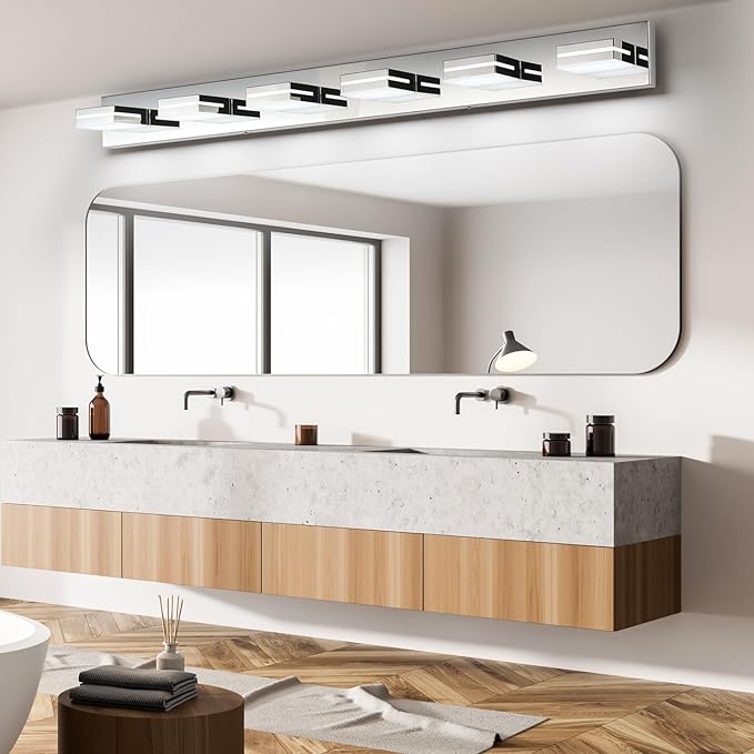 SineRise LED Modern Bathroom Vanity Light Fixtures (6-Light, 48-Inch, Dimmable), Chrome Modern Acrylic Bathroom Wall Lighting Fixtures Over Mirror (Cool White 6000K)
