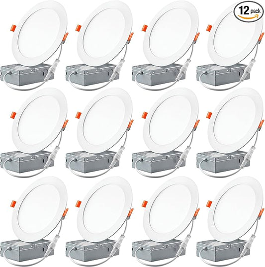 12 Pack Recessed Lighting 6 Inch LED Ceiling Lights with Junction Box, 6000K Canless Recessed LED Can Lights, 12W 110W Eqv, 1050LM High Brightness LED Lights