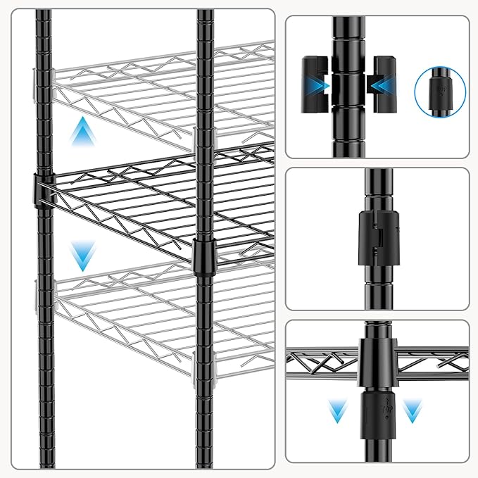 1250 lbs 5 Tier Shelf Metal Storage Shelves Wire Rack Closet Organizers with Wheel for Garage Kitchen Bathroom Laundry Black 13.7" D x 23.6" W x 62.4" H