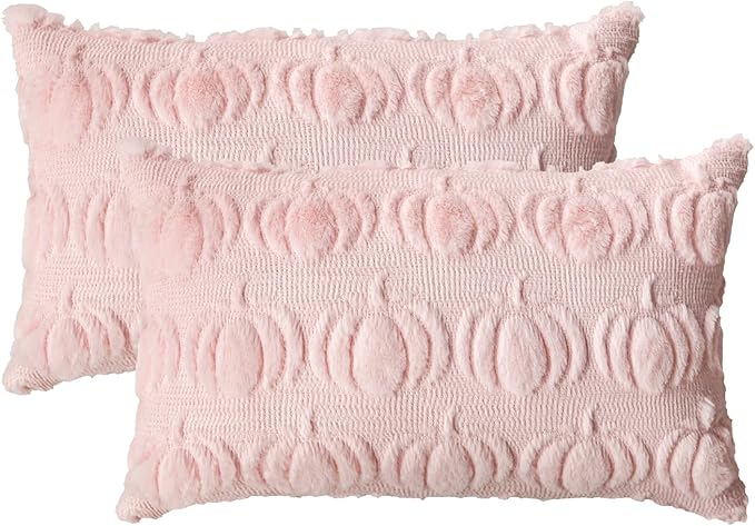 AVOIN colorlife Fall Pumpkin Pink Throw Pillow Covers, 12 x 20 Inch Seasonal Autumn Thanksgiving Harvest Decoration Soft Plush Faux Fur Jacquard Cushion Case Decoration for Sofa Couch Set of 2