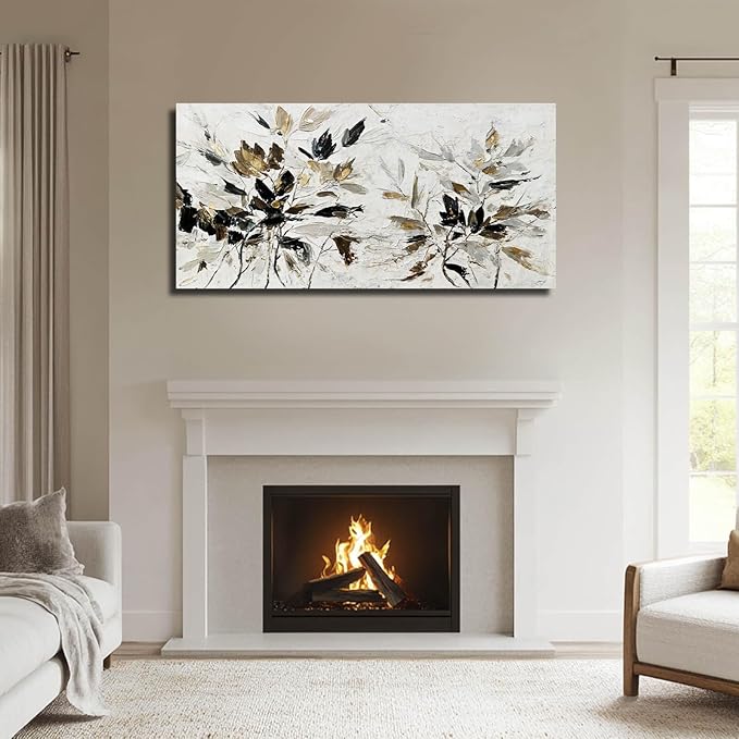 Modern Artwork Black and White Wall Art Abstract Wall Decor for Living Room Home Leaves Canvas Pictures Bedroom Gold Wall Art 24x48 Inch
