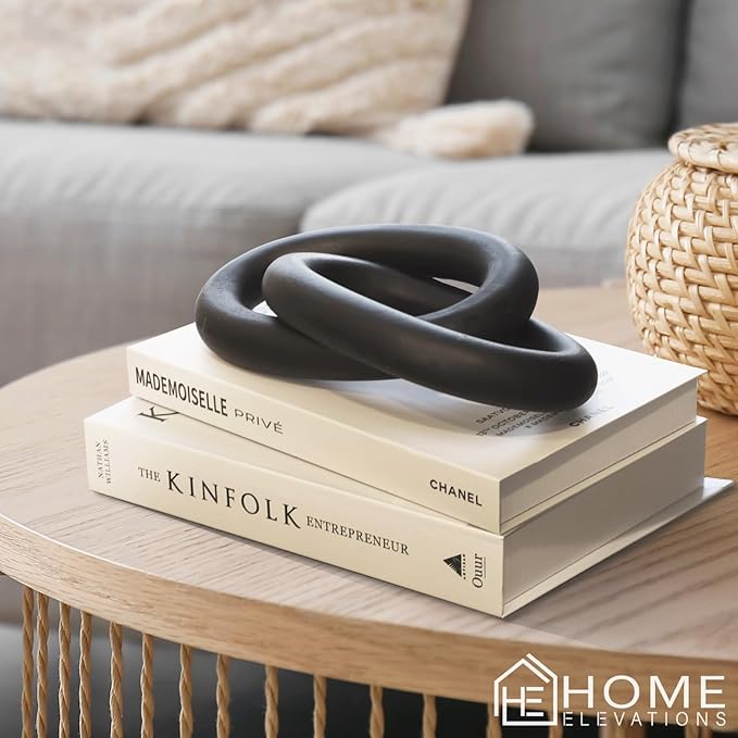 Wood Chain Link Decor – 13” Black Wooden Decorative Object for Coffee Table Decor & Neutral Decor for Home – Modern Knot Accent for Shelf Styling, Books, or Housewarming Gifts