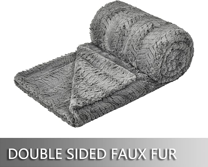 YUSOKI Luxury Faux Fur Blanket for Queen Size Bed 2 Layers,7.3lb,All Ages,Home Decoration Without Pillows (Grey,90"x90")