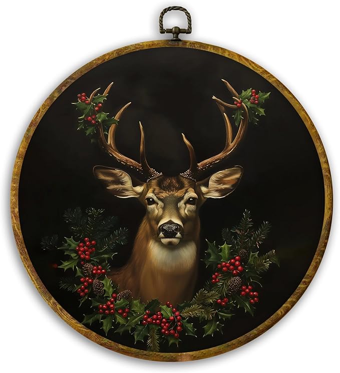 CUANFDDSF Vintage Christmas Reindeer Round Wall Art Decor, Rustic Dark Moody Xmas Reindeer Holiday Wall Hanging Frame Decor, Gothic Christmas Canvas Prints Decorations for Home Bedroom, 10x10 Inch