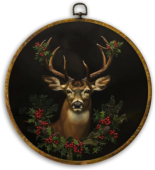 CUANFDDSF Vintage Christmas Reindeer Round Wall Art Decor, Rustic Dark Moody Xmas Reindeer Holiday Wall Hanging Frame Decor, Gothic Christmas Canvas Prints Decorations for Home Bedroom, 10x10 Inch