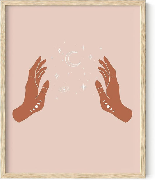 HAUS AND HUES Astrology Posters and Celestial Hands on Sides Decor - Room Decor and Spiritual Posters, Sun and Moon Wall Art Astrology Wall Décor (Beige Frame 16x20)
